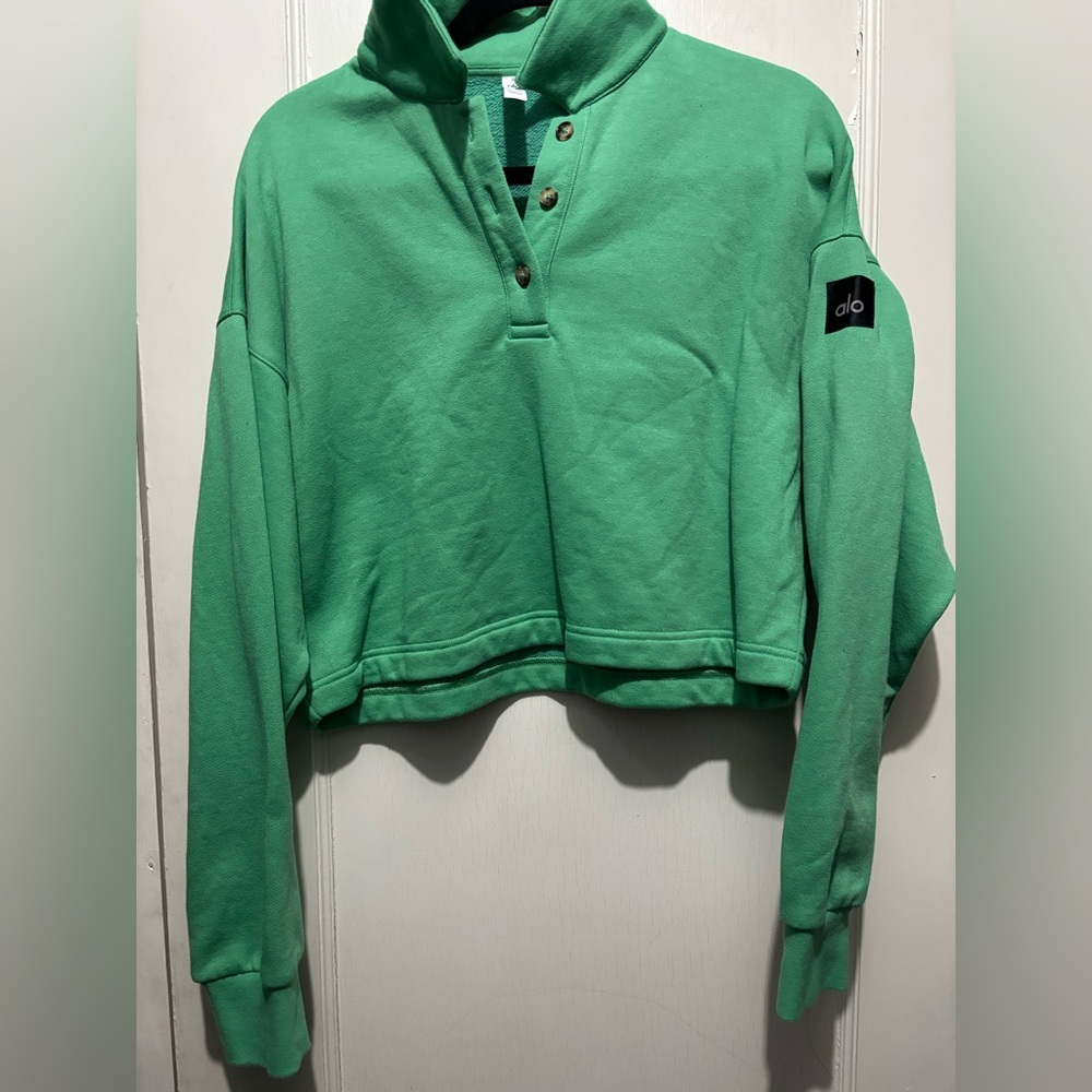 ALO YOGA Polo Henley Fleece Sweatshirt Top in Green Small